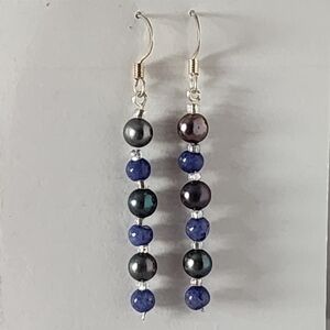 Handmade Elegant Blue Semi-precious Stone and Black Pearl Beaded Earrings
